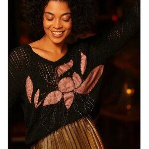 Vintage Going Out Top XL Open Knit Floral Fisherman Beaded Cocktail Dark Fairy